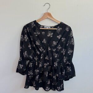 RO&DE Black w/ Pink Floral Pattern Ruffle Ruched V-neck Empire Waist Blouse (XS)